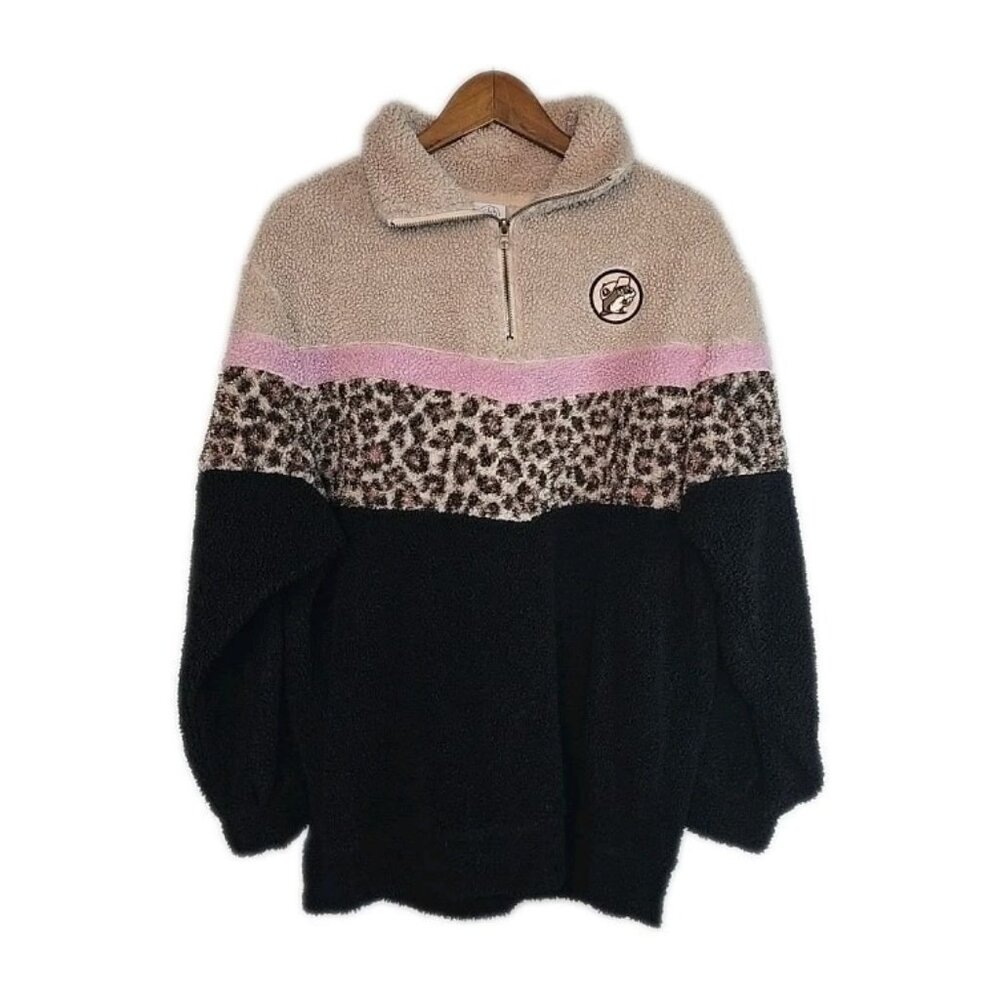 Buc-ee's Sherpa Half Zip Sweater Women's Size Medium Colorblock Animal Cheetah